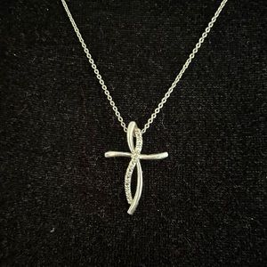 Solid .925 Sterling Silver Cross and Necklace with Genuine Diamond Chip